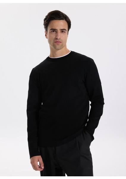 Bisiklet Yaka Slim Fit Düz Siyah Erkek Kazak F5WM-KZK 2521