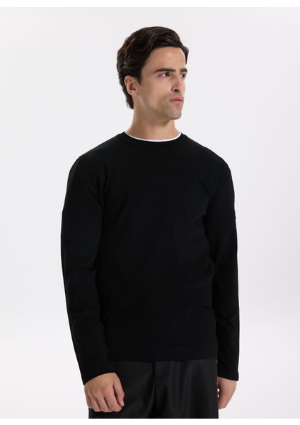 Bisiklet Yaka Slim Fit Düz Siyah Erkek Kazak F5WM-KZK 2521 modelleri