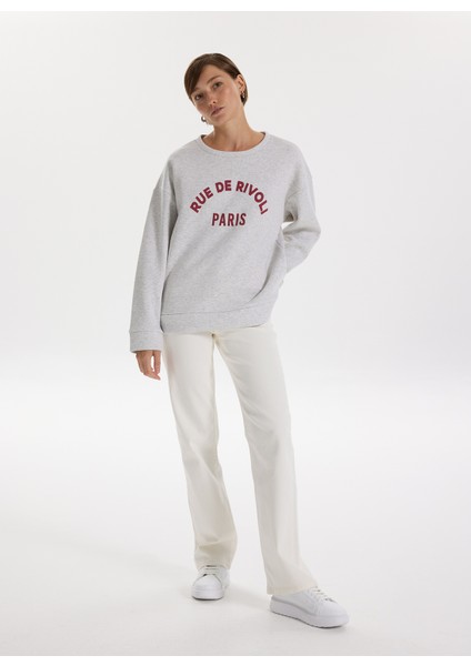 Bisiklet Yaka Nakışlı Açık Gri Melanj Kadın Sweatshırt F5WL-SWT0229 fırsatları