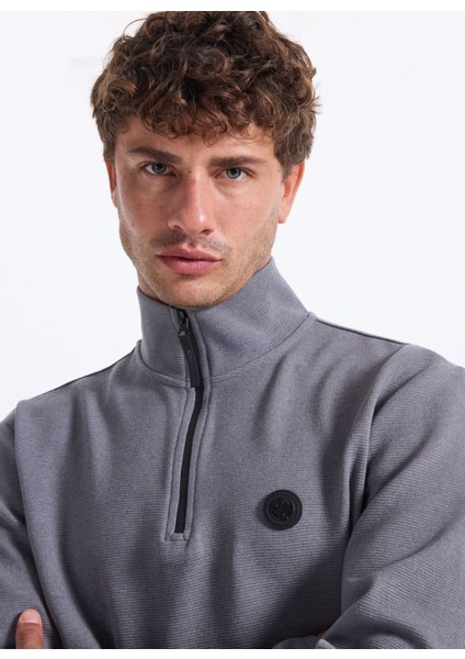 D5WM-SWT3986 Antrasit Dik Yaka Relaxed Düz Erkek Sweatshırt