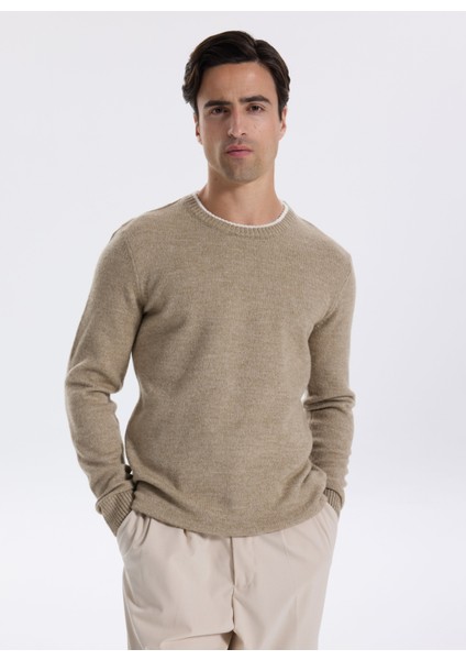 Bisiklet Yaka Slim Fit Düz Haki Erkek Kazak F5WM-KZK 2321