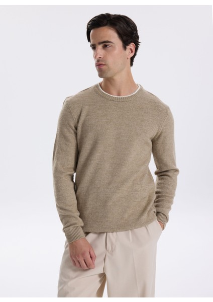 Bisiklet Yaka Slim Fit Düz Haki Erkek Kazak F5WM-KZK 2321 indirimleri