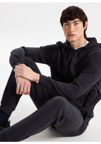 D5WM-SWT3536 Antrasit Melanj Kapüşon Yaka Relaxed Baskılı Erkek Sweatshırt