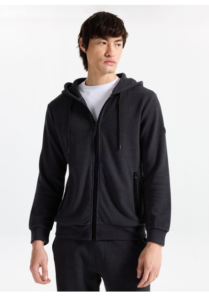 D5WM-SWT3536 Antrasit Melanj Kapüşon Yaka Relaxed Baskılı Erkek Sweatshırt modelleri