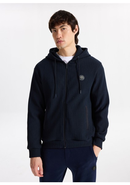 D5WM-SWT3796 Lacivert Kapüşon Yaka Relaxed Jakarlı Erkek Sweatshırt