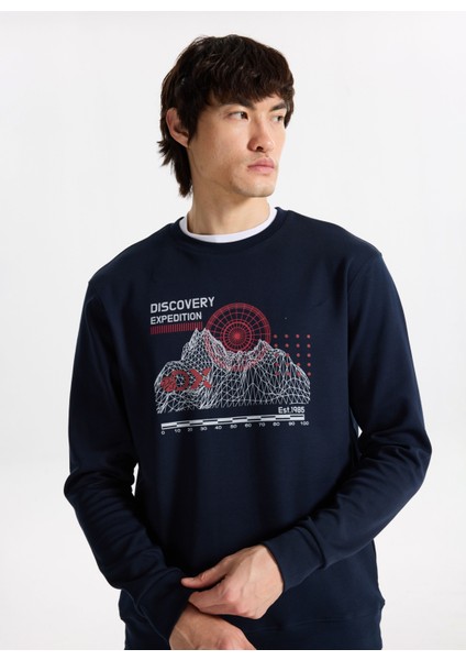 D5WM-SWT3799 Lacivert Bisiklet Yaka Relaxed Baskılı Erkek Sweatshırt