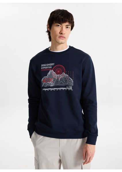 D5WM-SWT3799 Lacivert Bisiklet Yaka Relaxed Baskılı Erkek Sweatshırt modelleri