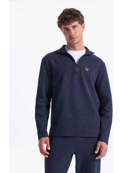 D5WM-SWT3986 Lacivert Dik Yaka Relaxed Düz Erkek Sweatshırt