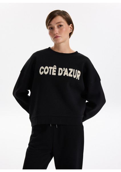 Bisiklet Yaka Nakışlı Siyah Kadın Sweatshırt F5WL-SWT0230