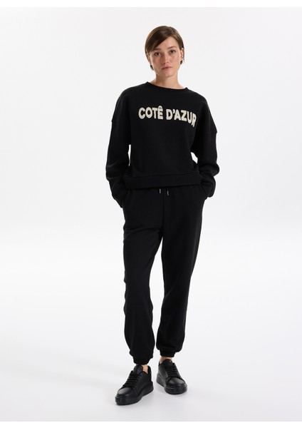 Bisiklet Yaka Nakışlı Siyah Kadın Sweatshırt F5WL-SWT0230 fırsatları