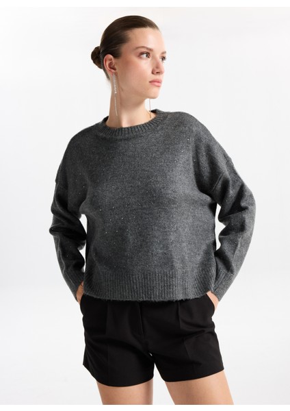 Bisiklet Yaka Loose Fit Taşlı Antrasit Melanj Kazak Kadın F5WL-KZK0120