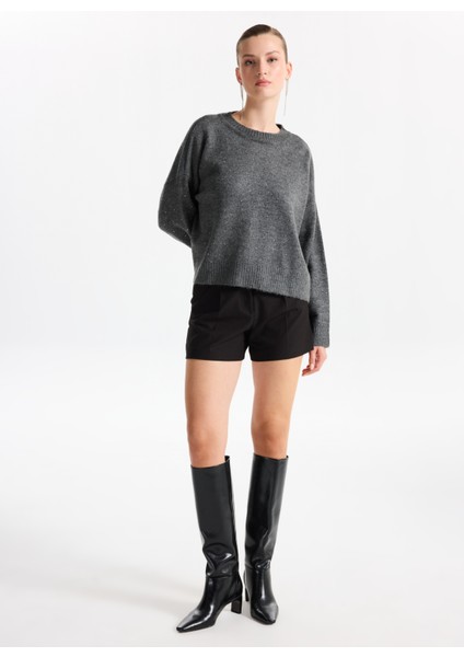 Bisiklet Yaka Loose Fit Taşlı Antrasit Melanj Kazak Kadın F5WL-KZK0120 fiyatları