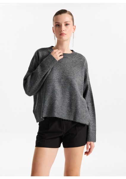 Bisiklet Yaka Loose Fit Taşlı Antrasit Melanj Kazak Kadın F5WL-KZK0120 modelleri