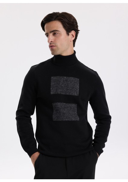 Tam Balıkçı Yaka Slim Fit Jakarlı Siyah Erkek Kazak F5WM-KZK 2308 modelleri