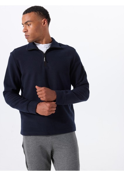 D5WM-SWT3871 Lacivert Dik Yaka Relaxed Düz Erkek Sweatshırt