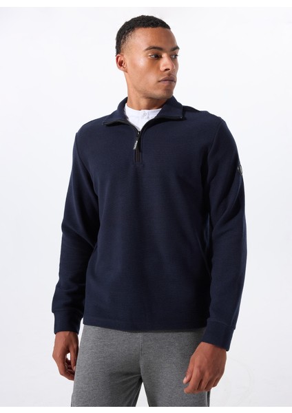 D5WM-SWT3871 Lacivert Dik Yaka Relaxed Düz Erkek Sweatshırt modelleri