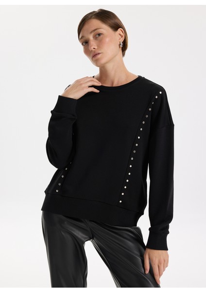 Bisiklet Yaka Taşlı Siyah Kadın Sweatshırt F5WL-SWT0038