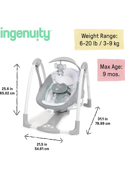 ConvertMe 2'si 1 Arada Kompakt Taşınabilir Otomatik Bebek Salıncağı ve Bebek Koltuğu, Pil Tasarrufu Sağlayan Titreşimler, Doğa Sesleri, 0-9 Ay 3-9 kg (Swell)