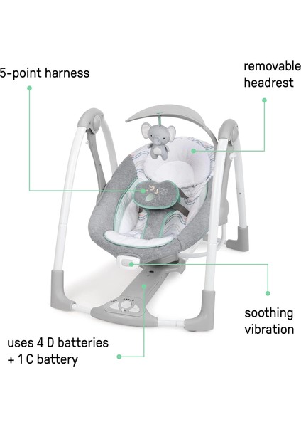 ConvertMe 2'si 1 Arada Kompakt Taşınabilir Otomatik Bebek Salıncağı ve Bebek Koltuğu, Pil Tasarrufu Sağlayan Titreşimler, Doğa Sesleri, 0-9 Ay 3-9 kg (Swell)