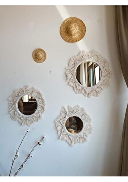 3 Lü Oval Makrome Ayna Ahşap Çerçeve ile Şık Ev Dekoru 10 cm Beyaz Renk fiyatları