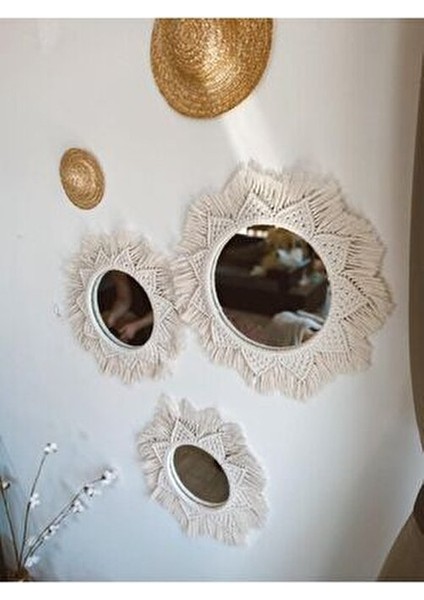 3 Lü Oval Makrome Ayna Ahşap Çerçeve ile Şık Ev Dekoru 10 cm Beyaz Renk modelleri