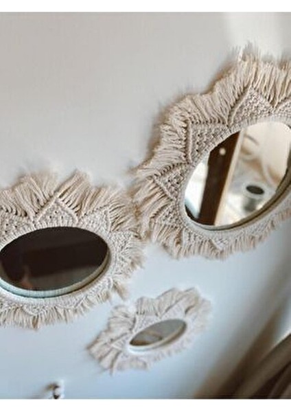3 Lü Oval Makrome Ayna Ahşap Çerçeve ile Şık Ev Dekoru 10 cm Beyaz Renk fırsatları