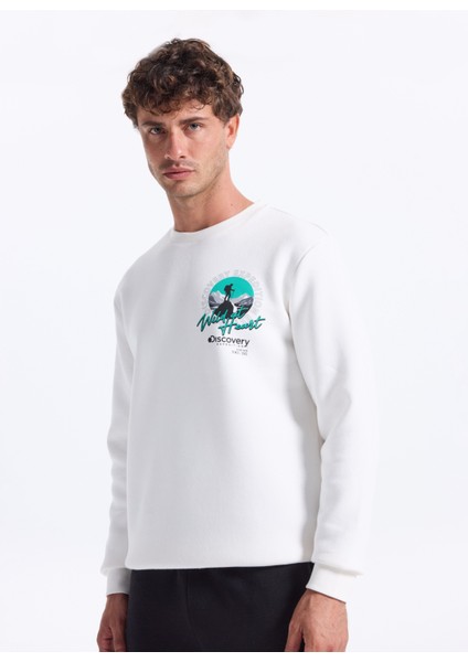D5WM-SWT3858 Beyaz Bisiklet Yaka Relaxed Baskılı Erkek Sweatshırt indirimleri
