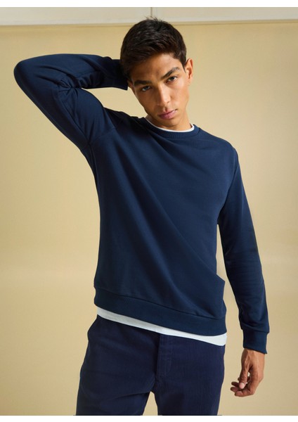 Bisiklet Yaka Düz Lacivert Erkek Sweatshırt PBF5WM-SWT 5055