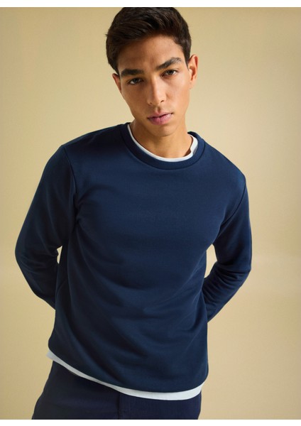 Bisiklet Yaka Düz Lacivert Erkek Sweatshırt PBF5WM-SWT 5055