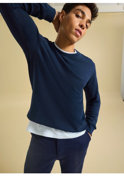 Bisiklet Yaka Düz Lacivert Erkek Sweatshırt PBF5WM-SWT 5055