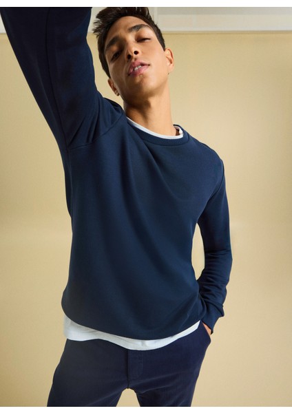 Bisiklet Yaka Düz Lacivert Erkek Sweatshırt PBF5WM-SWT 5055