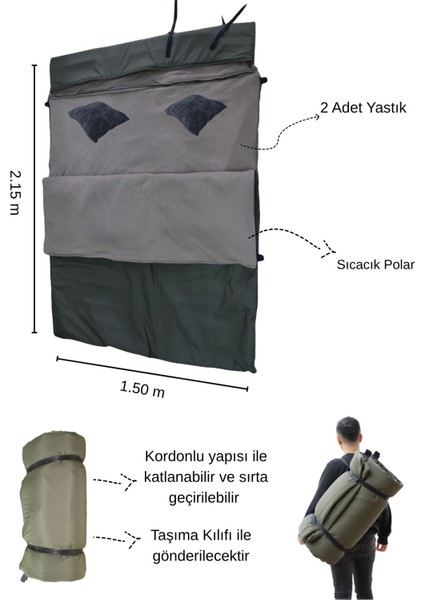 Çift Kişilik Uyku Tulumu Haki Çift Taraflı Su Geçirmez 180 gr POLAR/220 gr Elyaf Kamp(-15/-25)