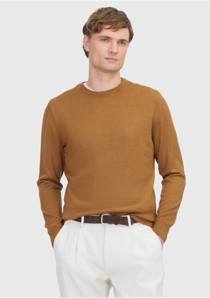 Deve Tüyü Bisiklet Yaka Düz Örgü Yün Karışımlı Triko Kazak