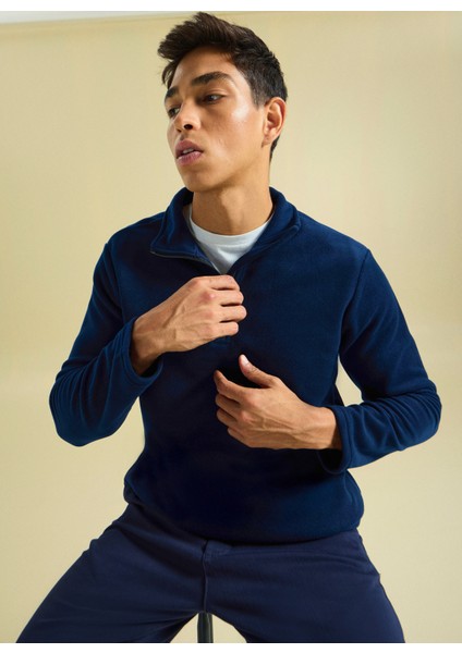 Bisiklet Yaka Düz Lacivert Erkek Sweatshırt PBF5WM-SWT 5054