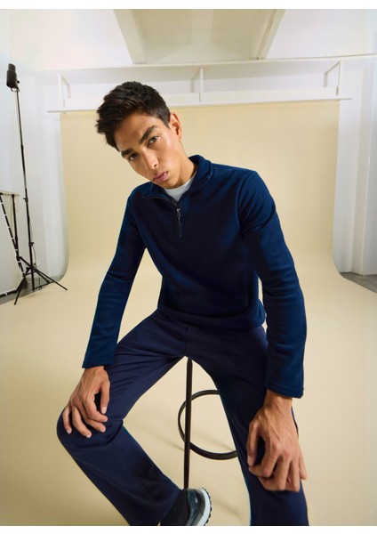 Bisiklet Yaka Düz Lacivert Erkek Sweatshırt PBF5WM-SWT 5054