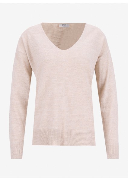 V Yaka Loose Fit Düz Bej Kazak Kadın PBF5WL-KZK9519