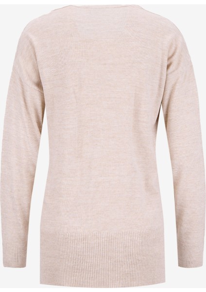 V Yaka Loose Fit Düz Bej Kazak Kadın PBF5WL-KZK9519 fiyatları