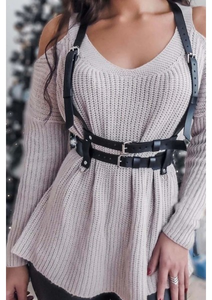 Omuzdan Askılı Püskül Detaylı Elbise Üzeri Şık Deri Bel Korse Kemer APFT638