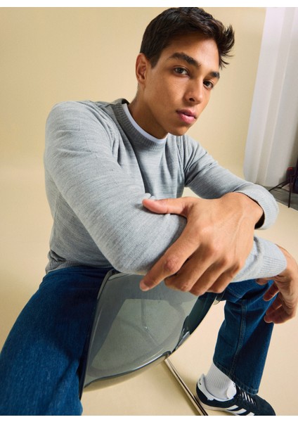 Polo Yaka Relaxed Düz Gri Melanj Erkek Kazak PBF5WM-KZK 5049