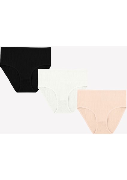 Somon Ekru Siyah 3lü Fitilli Yüksel Bel Külot