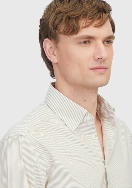 Hardal Çizgili Casual Fit Dokuma Casual %100 Pamuk Gömlek fırsatları