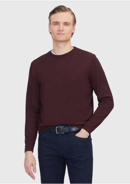 Bordo Bisiklet Yaka Düz Örgü Yün Karışımlı Triko Kazak