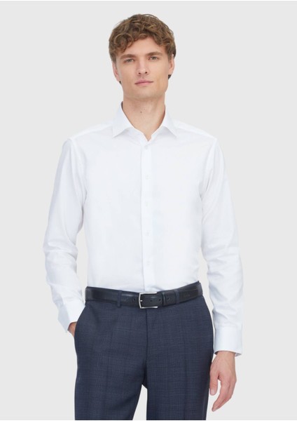 Beyaz Düz Slim Fit Dokuma Klasik %100 Pamuk Gömlek