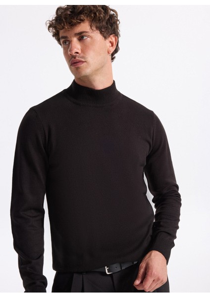 Polo Yaka Relaxed Düz Siyah Erkek Kazak PBF5WM-KZK 5050