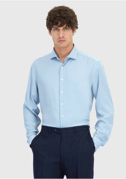Mavi Düz Dokuma Casual Gömlek