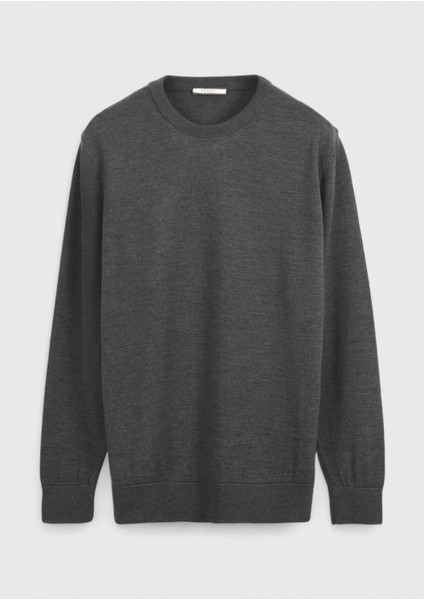 Antrasit Bisiklet Yaka Düz Örgü Yün Karışımlı Triko Kazak