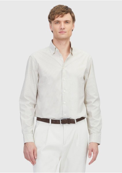 Hardal Çizgili Casual Fit Dokuma Casual %100 Pamuk Gömlek