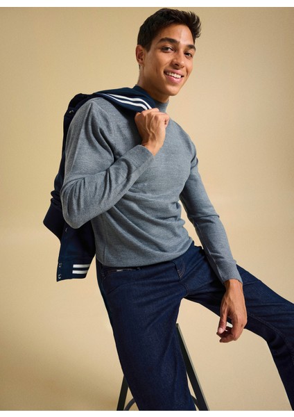 Polo Yaka Relaxed Düz Gri Melanj Erkek Kazak PBF5WM-KZK 5050