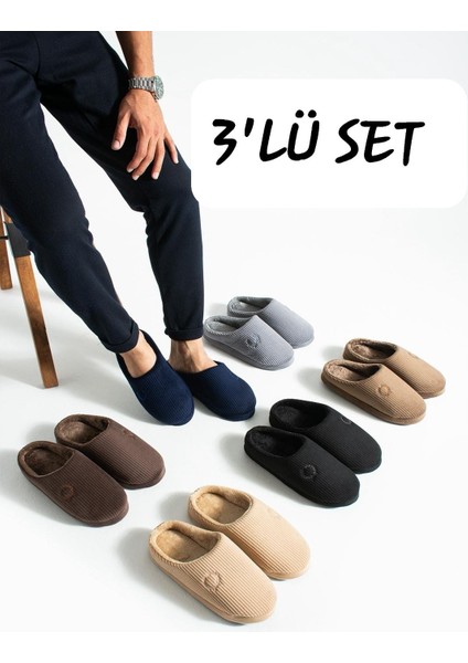 3'lü Set Erkek Ev Terliği Gondol Fitilli Kadife Nakışlı Yumuşak Sessiz Taban Kışlık Terlik