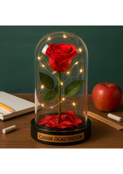 Sevgiliye Eşe Öğretmenler Gününe Anlam Katan Özel Fanusta LED Işıklı Canım Öğretmenim Hediye Biblosu